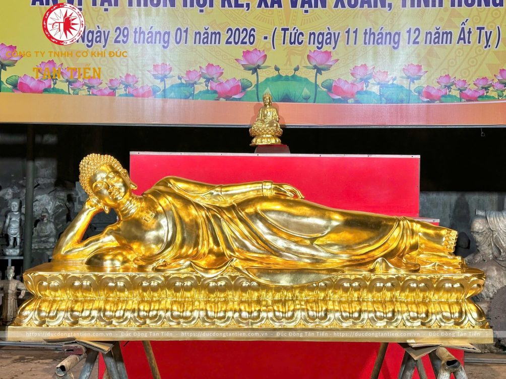 Tượng Th&iacute;ch Ca M&acirc;u Ni Nhập Niết B&agrave;n Bằng Đồng D&aacute;t V&agrave;ng 24K