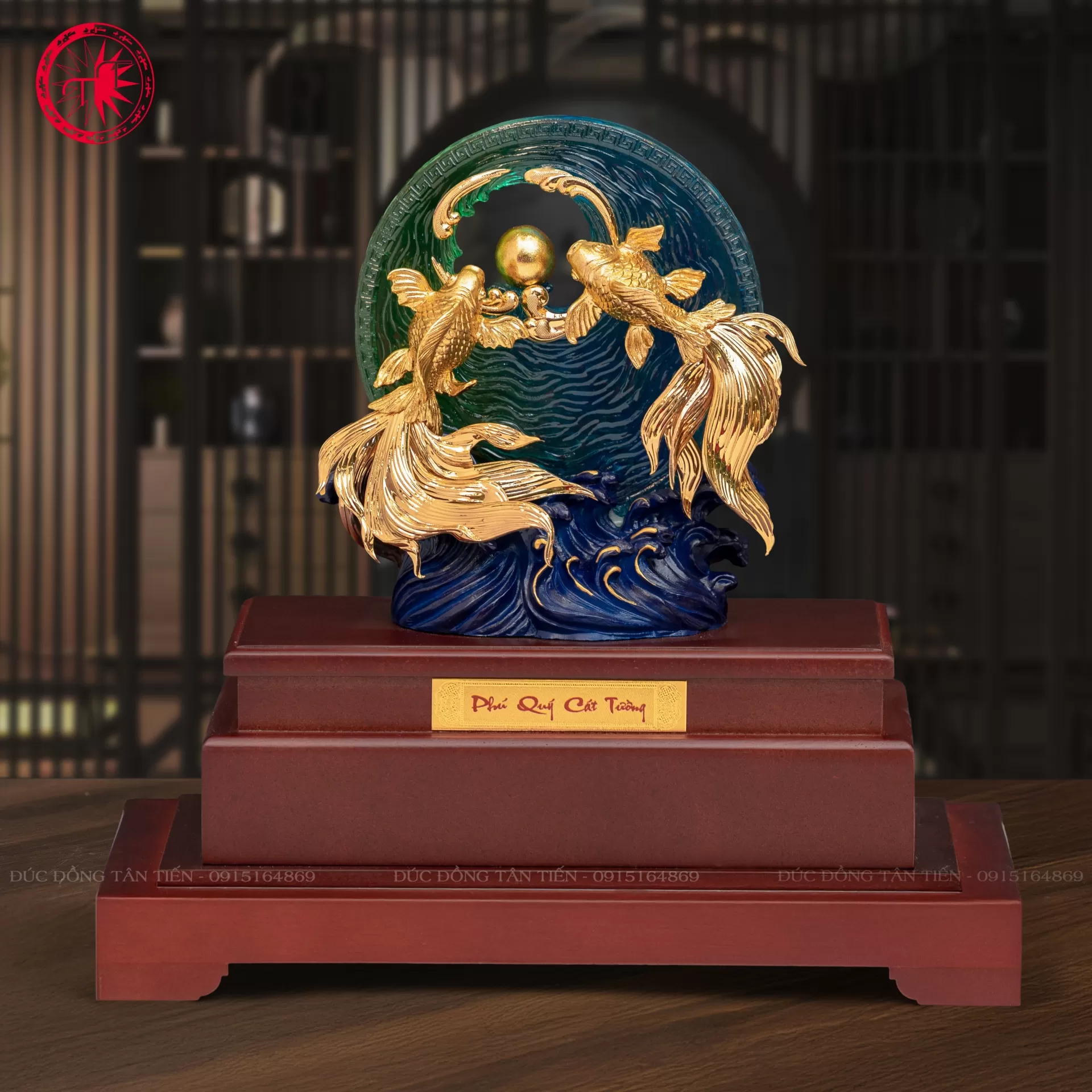 Tượng Song Ngư Vờn Ngọc Dát Vàng 24K – Phú Quý Cát Tường